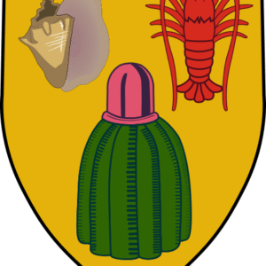 Wapen van de Turks- en Caicoseilanden schild met vlag in rood, wit, blauw en geel.