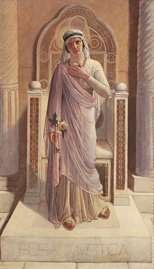 Mystieke roos schilderij met gedetailleerde bloemblaadjes in warme kleuren.