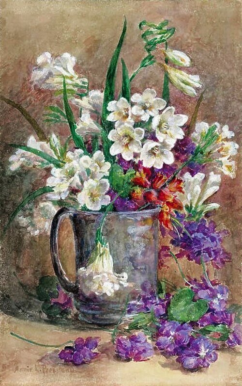 Parma Violet and Freesia flowers in a vintage jug.