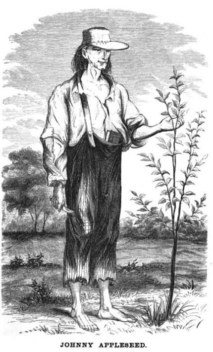 Johnny Appleseed loopt door een boomgaard met een mand vol appels.