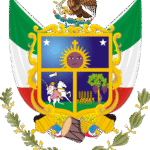 Wapenschild van Querétaro met adelaar, kroon, zwaard, en laurierkrans in goud, blauw en rood.