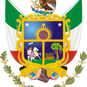 Wapenschild van Querétaro met adelaar, kroon, zwaard, en laurierkrans in goud, blauw en rood.