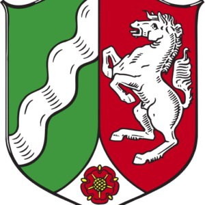 Wapen van Noordrijn-Westfalen met rode leeuw, wit paard en meren op schild.