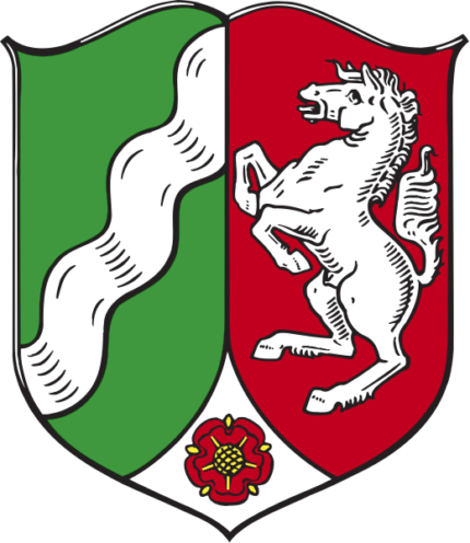Wapen van Noordrijn-Westfalen met rode leeuw, wit paard en meren op schild.