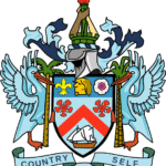 Wapen van Saint Kitts en Nevis met leeuw, suikerriet en zee.