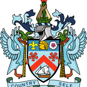 Wapen van Saint Kitts en Nevis met leeuw, suikerriet en zee.