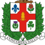 Wapen van Montreal met leeuw, schild, en kroon in rood, blauw en goud.