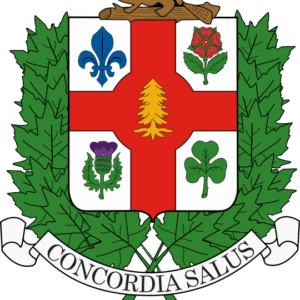 Wapen van Montreal met leeuw, schild, en kroon in rood, blauw en goud.