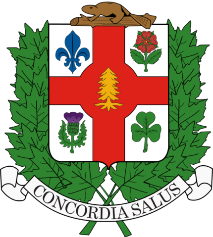 Wapen van Montreal met leeuw, schild, en kroon in rood, blauw en goud.
