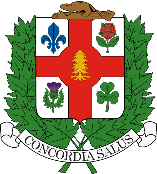 Wapen van Montreal met leeuw, schild, en kroon in rood, blauw en goud.