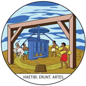 Historisch wapenschild van Grenada met leeuw, schip, kroon in goud en groen.