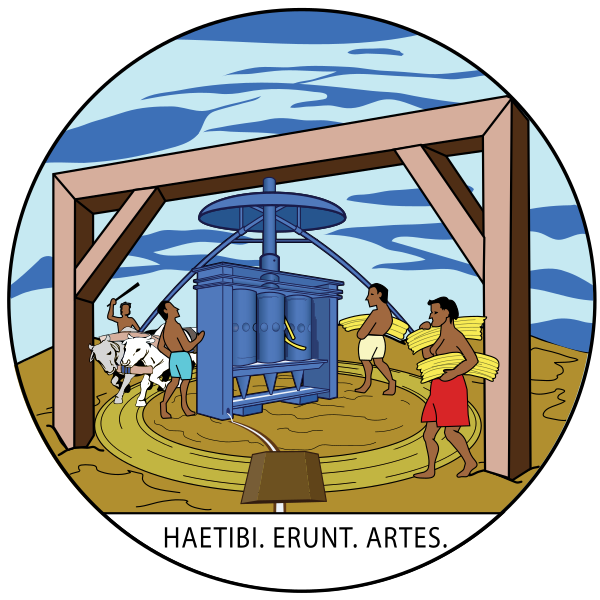 Historisch wapenschild van Grenada met leeuw, schip, kroon in goud en groen.