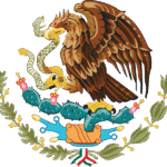 Wapen van Mexico met adelaars, slangen en cactussen in rood, groen en goud.