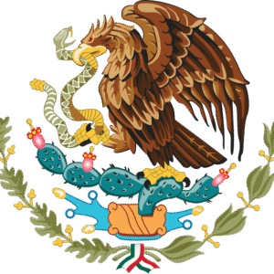 Wapen van Mexico met adelaars, slangen en cactussen in rood, groen en goud.