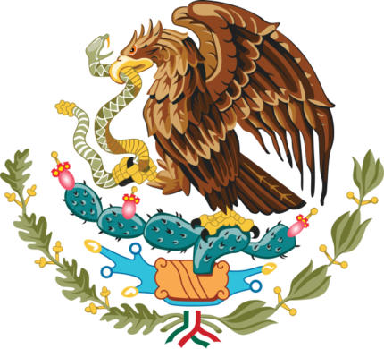 Wapen van Mexico met adelaars, slangen en cactussen in rood, groen en goud.