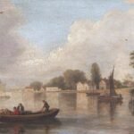 Schilderij van een rustiek rivierlandschap in subtiele kleuren door Abraham Hume.