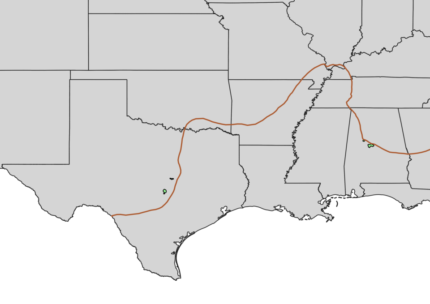 Distribution map of Croton alabamensis in Alabama with green and yellow markings.