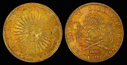 Munt van 8 Escudos uit 1828, Argentinië Pacifica.