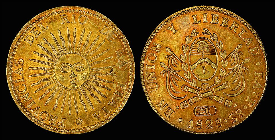 Munt van 8 Escudos uit 1828, Argentinië Pacifica.