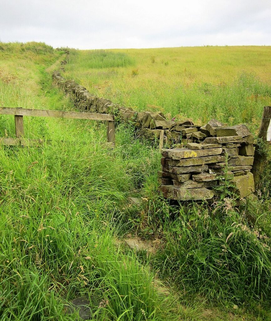 Scenic Calderdale Way hiking trail with green hills under cloudy sky.