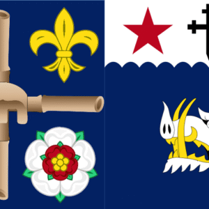 Wapen van Saint Lucia met tropische bloemen in blauw en geel op banner.