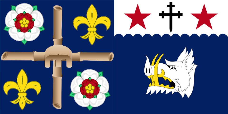 Wapen van Saint Lucia met tropische bloemen in blauw en geel op banner.