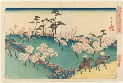 Hanami in bloeiende kersenbloesem, Asukayama heuvel, sfeervol Japans lentefeest.