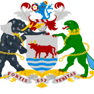 Wapen van Oxford met traditioneel schild en leeuwembleem in zwart en rood.