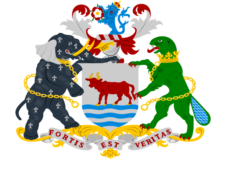 Wapen van Oxford met traditioneel schild en leeuwembleem in zwart en rood.