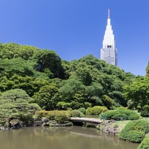 Voetbrug over vijver in Shinjuku Gyoen National Garden, Tokio, Japan.
