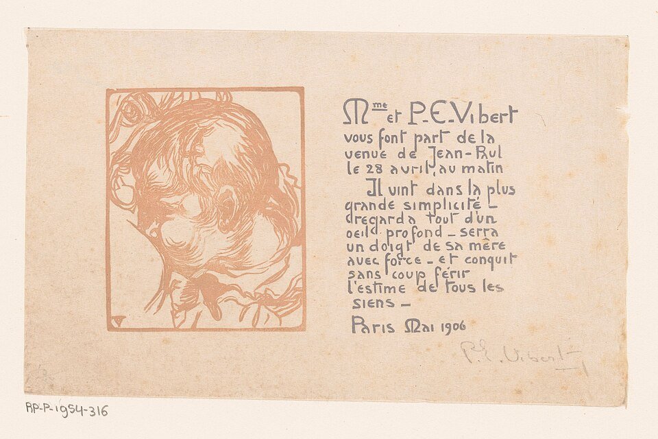 Historische zwart-wit aankondiging van Jean-Paul Vibert met elegante typografie.