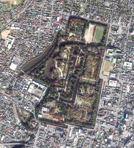 Aerial view of Hirosaki Castle in Japan.