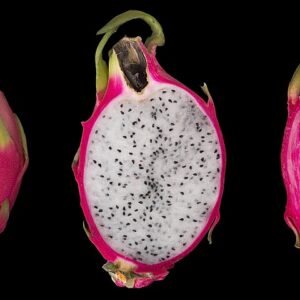 Heldergroene Selenicereus vrucht met witte vlekken op witte achtergrond.