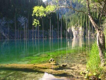 Turquoise meer omringd door bergen, Kaindy Lake in Zuidoost-Kazachstan.