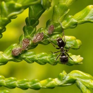 Thuja occidentalis boom met groene naalden en kegels.