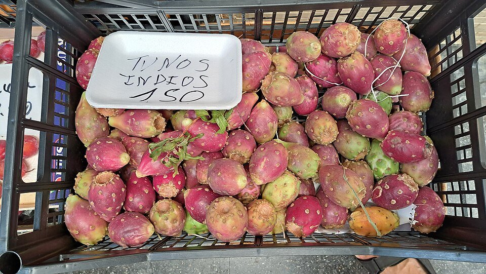 Rijpe Opuntia anahuacensis vruchten op markt in Las Palmas de Gran Canaria.
