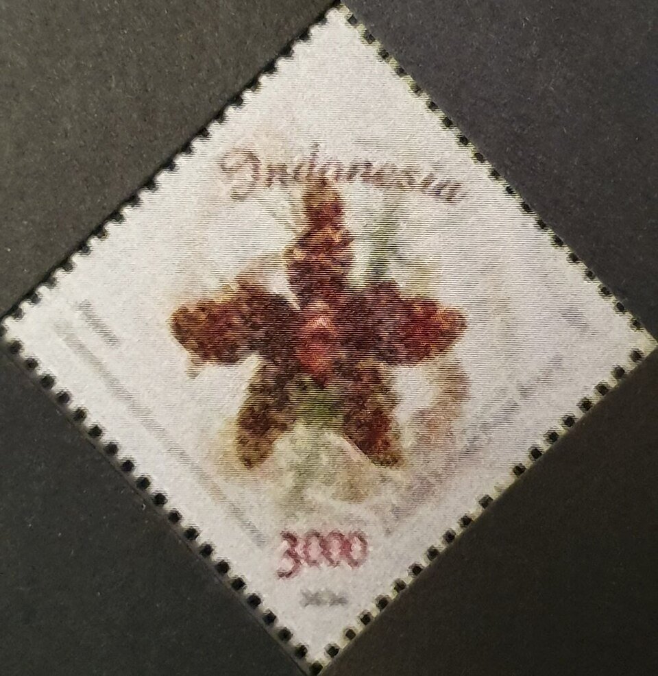 Grammatophyllum speciosum orchidee postzegel uit Indonesië 2017 met levendige gele en oranje bloemen.