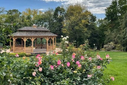 View of vibrant blooming flowers and lush greenery at Dubuque Arboretum and Botanical Gardens.