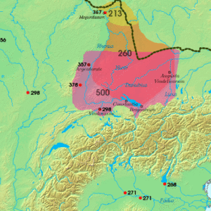 Historische kaart van Alamannen rijk in zwart-wit met rode lijnen.