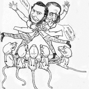 Portret van Henry Bennett met wetenschappers en klassieke architecturale achtergrond.