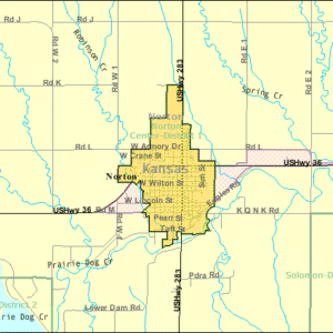 Gedetailleerde plattegrond van Norton, Kansas met straten, gebouwen en waterwegen.