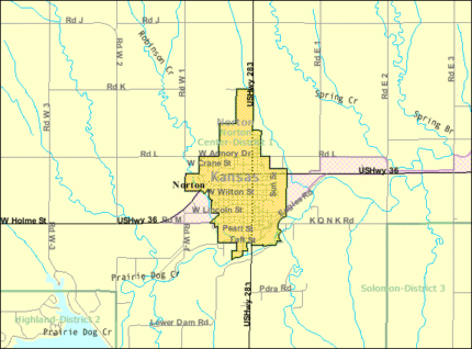 Gedetailleerde plattegrond van Norton, Kansas met straten, gebouwen en waterwegen.