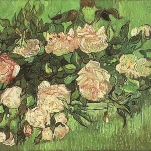 Roze rozen schilderijstijl met levendige bloemblaadjes en groene bladeren.