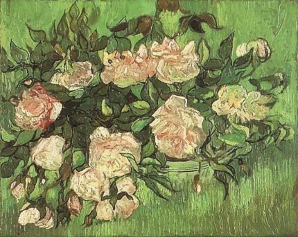 Roze rozen schilderijstijl met levendige bloemblaadjes en groene bladeren.