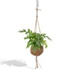 Hangende Kokodama Monstera Minima met groene bladeren en een natuurlijke jute pot, Ø15cm, hoogte 25cm.