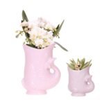 Set van twee potten in visvorm, één met witte nazaré-orchideeën en de andere met een sappige plant, in zachtroze.
